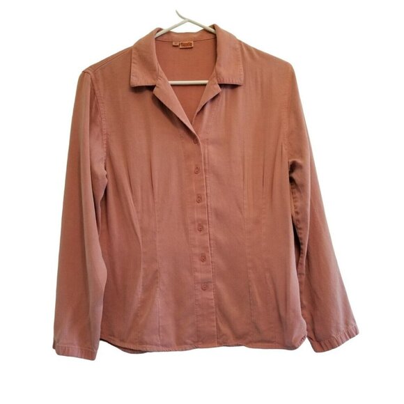 Tianello‎ Button Up Blouse Tencel Waist Shaping Pinkish Red Collar Long Sleeve S - Picture 1 of 12